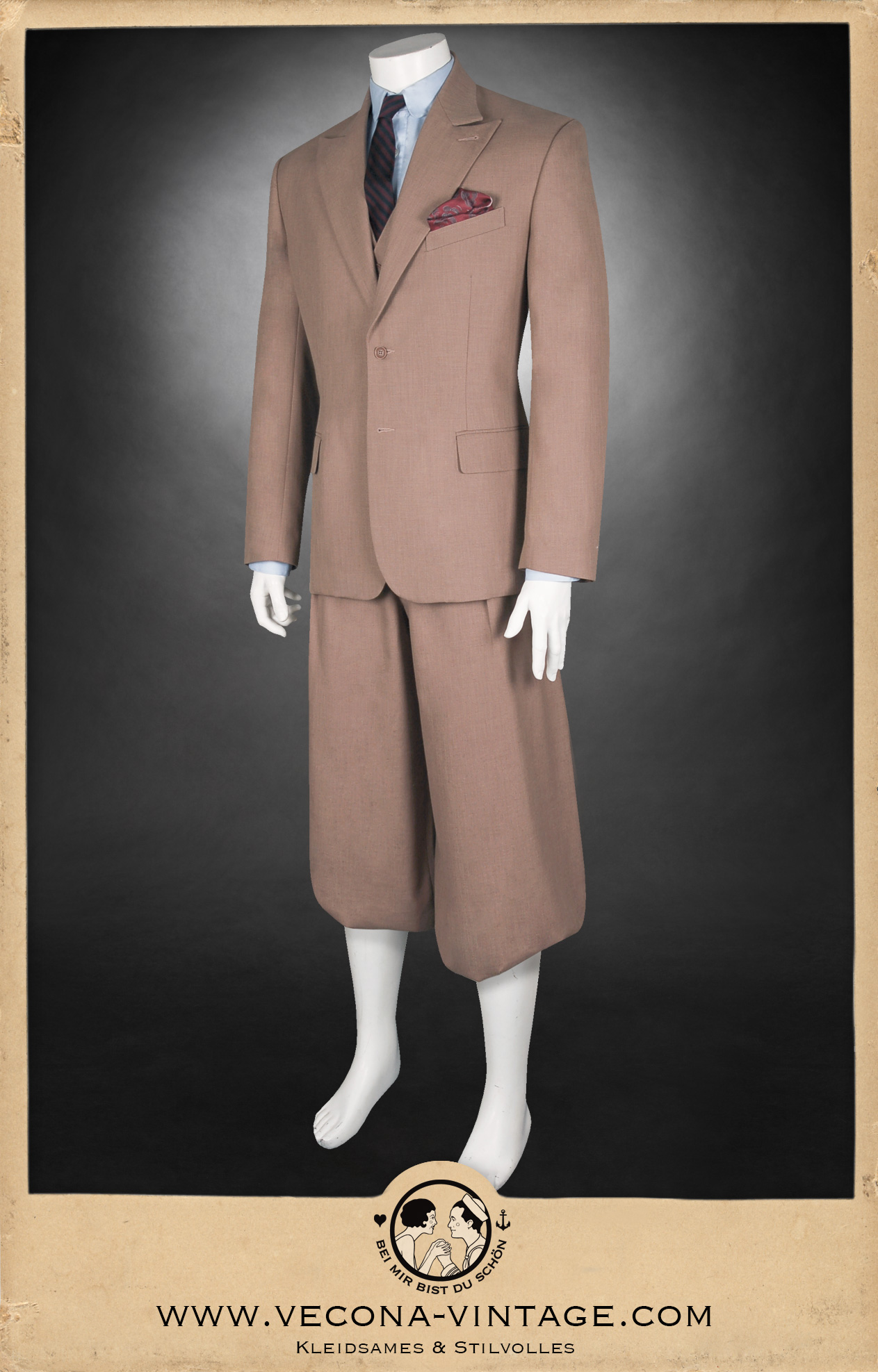 1930er 1940er Jahre mandelbraune Knickerbocker und Jackett aus Leinenmischgewebe - 1930s 1940s almond color plus fours and jacket,