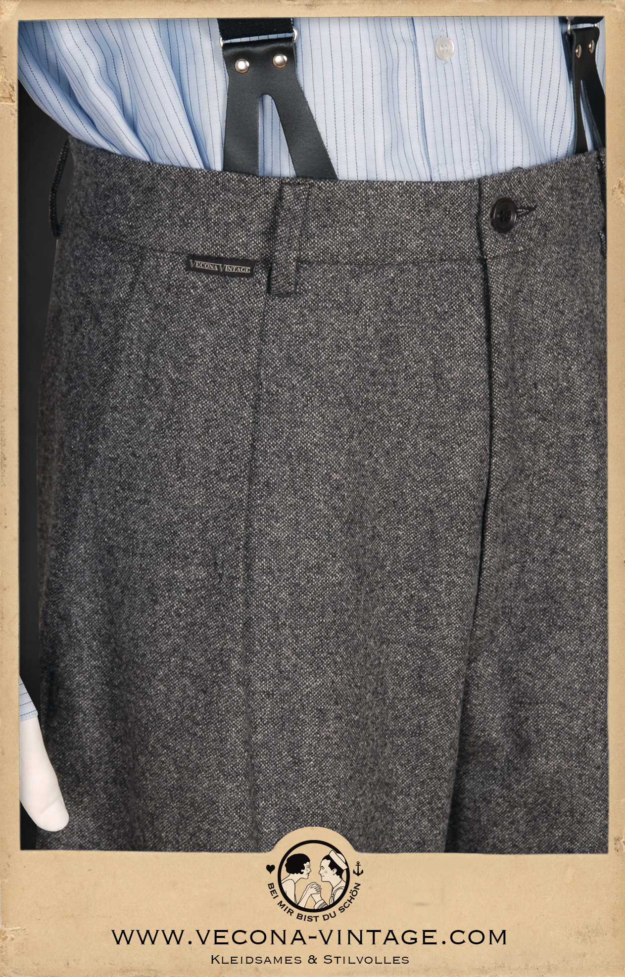 Knickerbocker aus grauer Schurwolle - Grey virgin wool plus fours, Detail Bund mit Hosenträgern - Waistband detail with suspenders