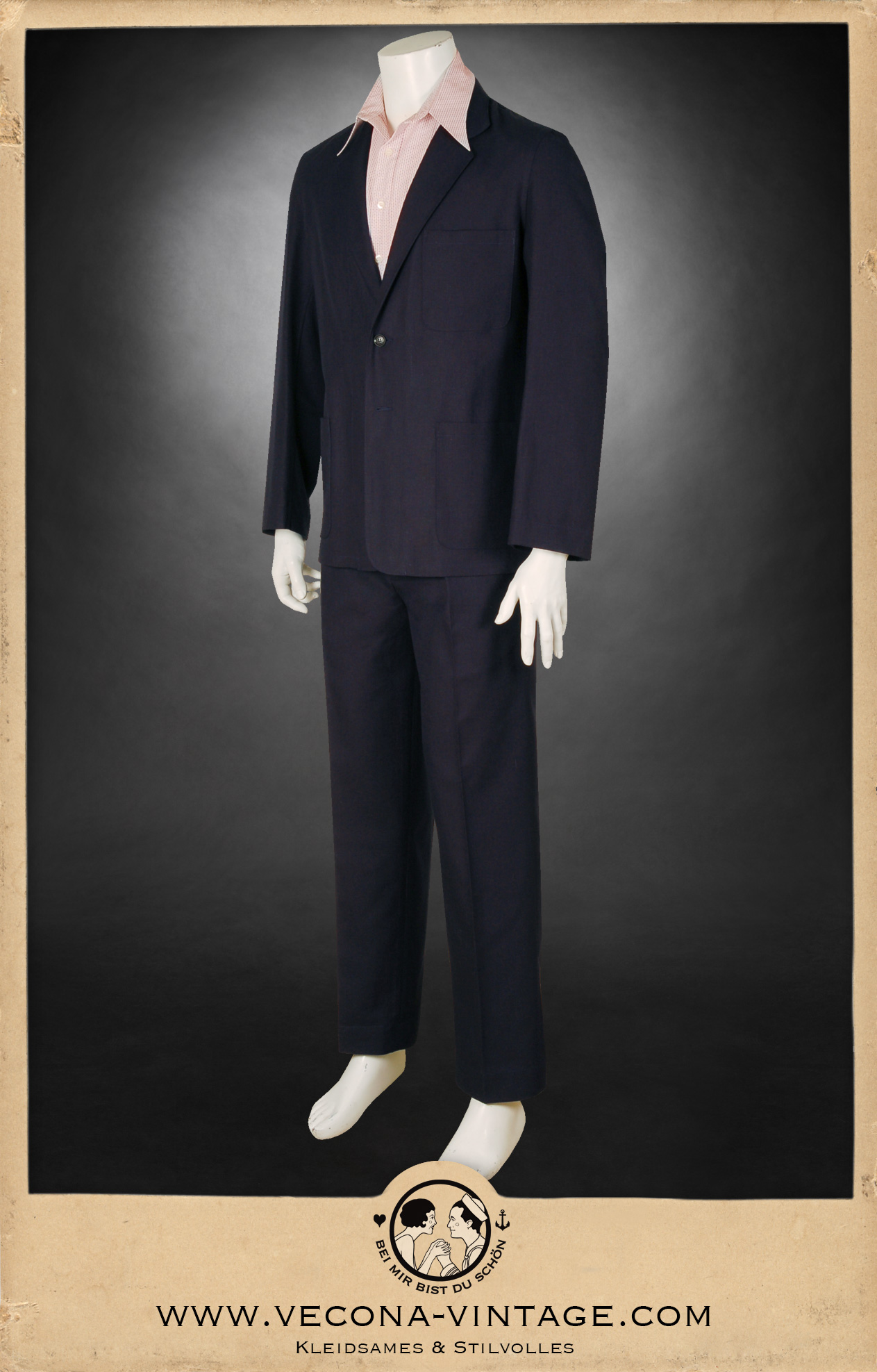 1930er 1940er leichtes dunkelblaues Sportjackett aus Leinenmischgewebe und Hose mit verstellbarem Bund - 1930s 1940s lightweight navy blue linen blend sports jacket and pants with adjustable waist