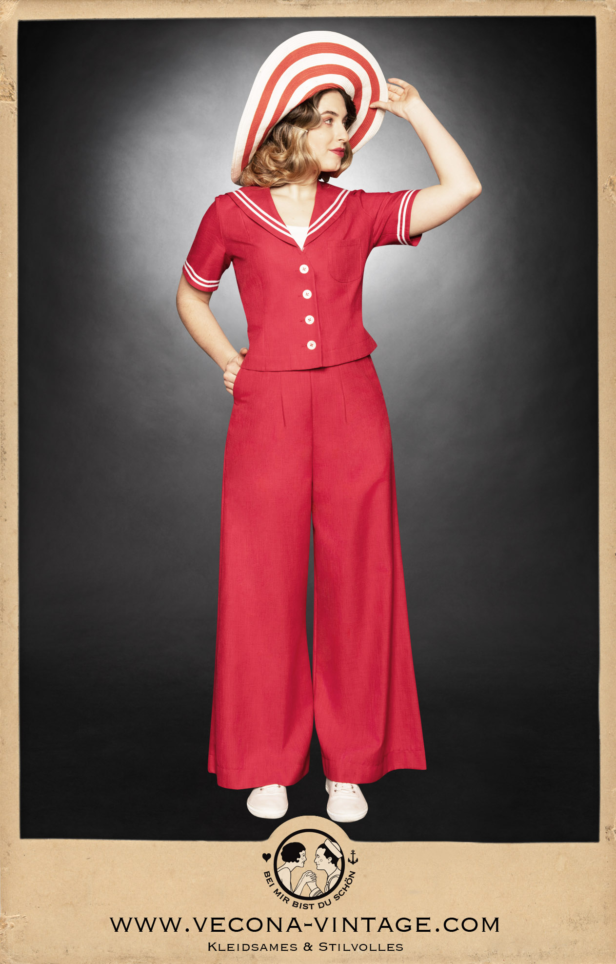 Marine Top - Sailor Top, rot creme - red beige, Leinenmischgewebe - Linen blend, mit Marlenehose - with pajama pants