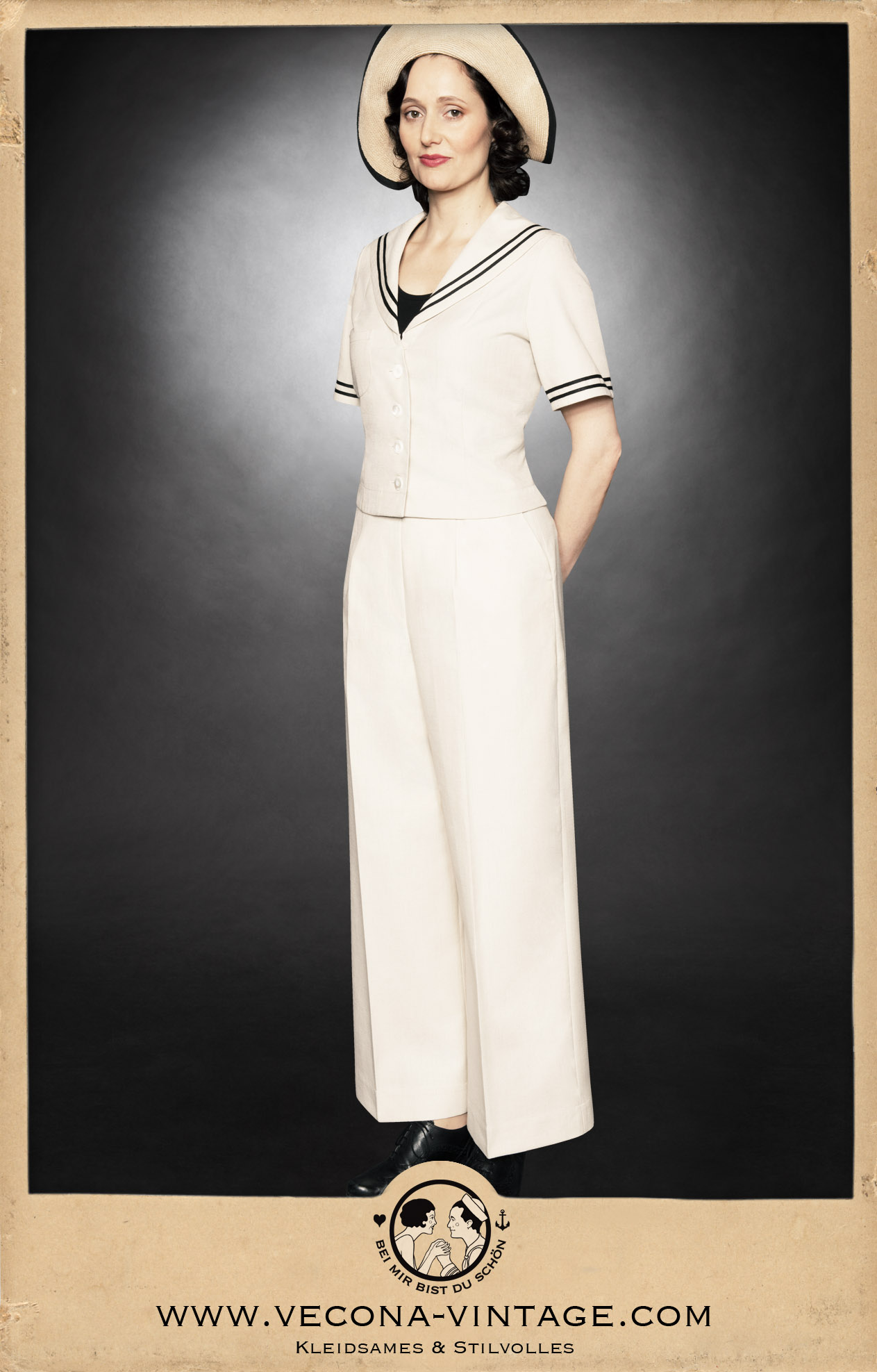 Marine Top - Sailor Top, creme schwarz - beige black, Leinenmischgewebe - Linen blend, mit Marlenehose - with pajama pants